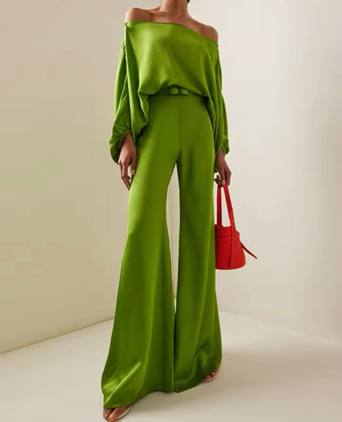 Women Fashion Green Off The Shoulder Two Piece Pant Set