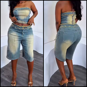 Women Strapless Washed Denim Two Pairs Capri Pant Set