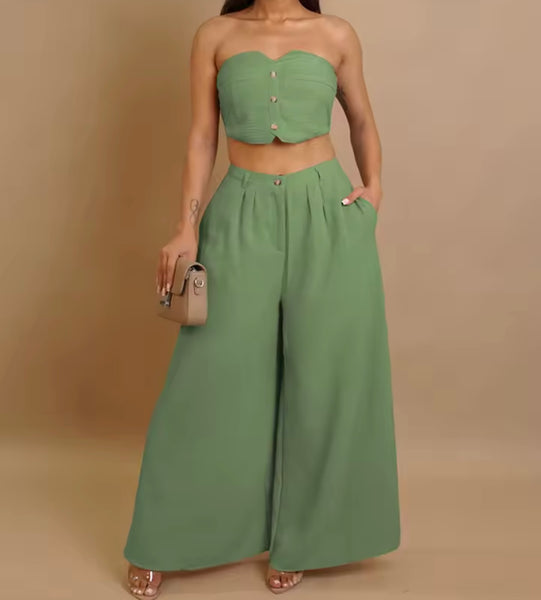 Women Sexy Button Up Strapless Two Piece Wide Leg Pant Set