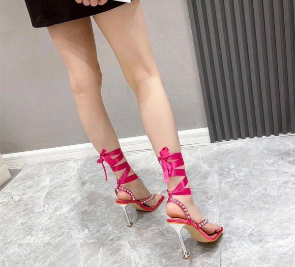 Women Rivet Chain Fashion Lace Up High Heel Sandals