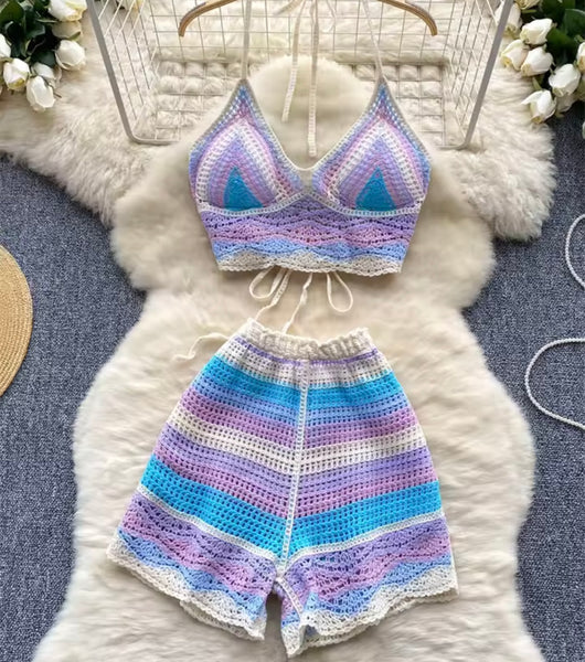 Women Fashion Multicolored Knitted Two Piece Short Set