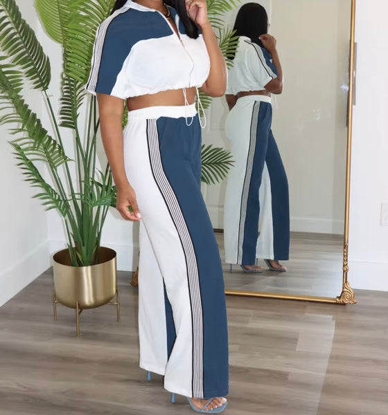Women Fashion Color Patchwork Zip Up Short Sleeve Two Piece Pant Set