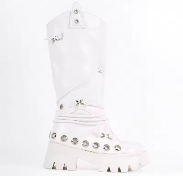 Women White Metal Ring Fashion Flat Knee High Boots