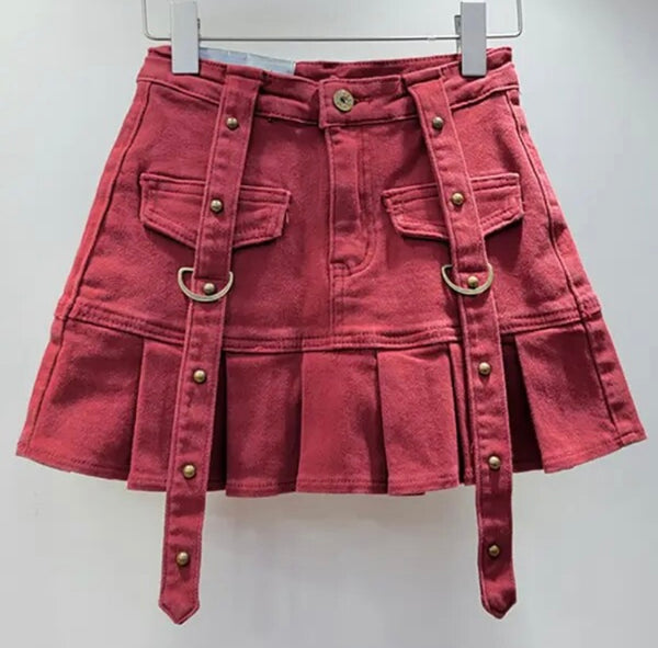 Women Fashion Buckled Pleated Denim Skirt