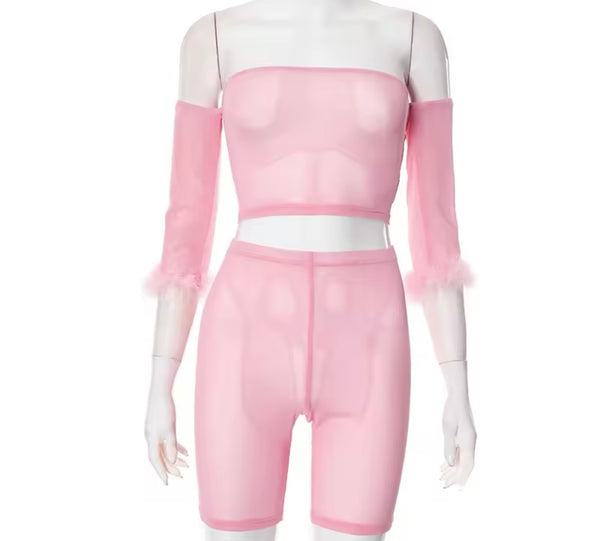 Women Sexy Strapless Feather Sleeve Mesh Two Piece Short Set
