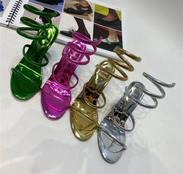 Women Fashion Color Metallic Wrap Around High Heel Sandals