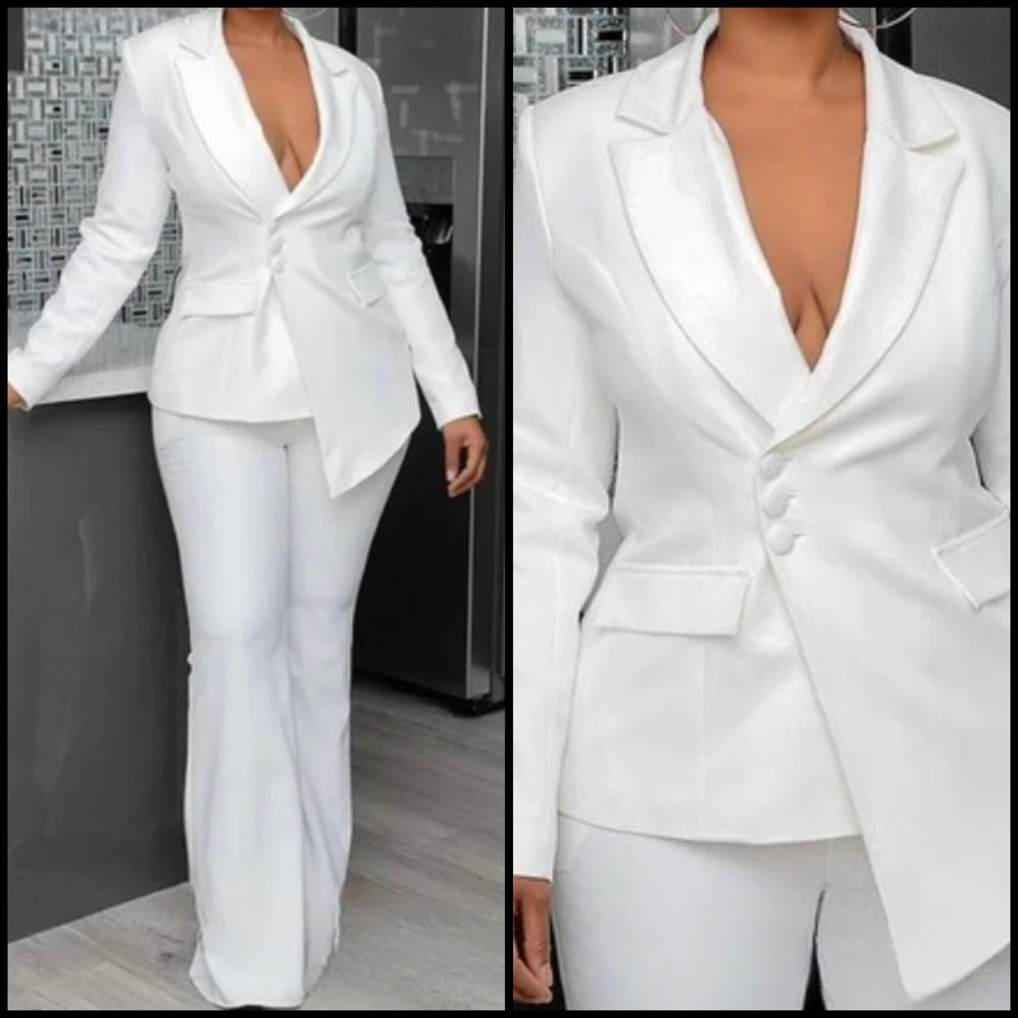 Women White Sexy Fashion Full Sleeve Blazer Two Piece Pant Set