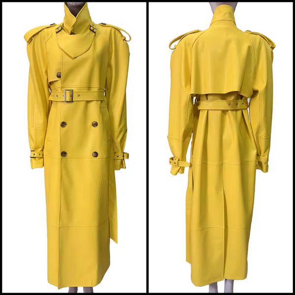Women Fashion Yellow Belted Button Up Faux Leather Trench Jacket