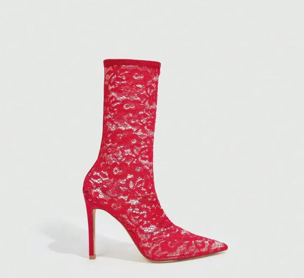 Women Fashion Red Lace High Heel Ankle Boots