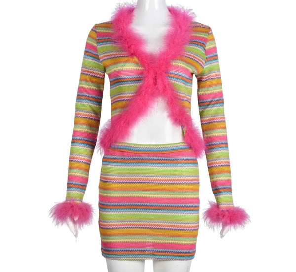 Women Sexy Multicolored Striped Faux Fur Patchwork Two Piece Skirt Set