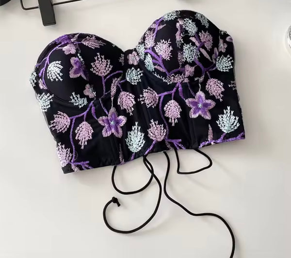 Women Sexy Black Floral Strapless Corset Top