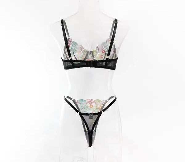 Women Sexy Black Colorful Floral Lace Lingerie Set