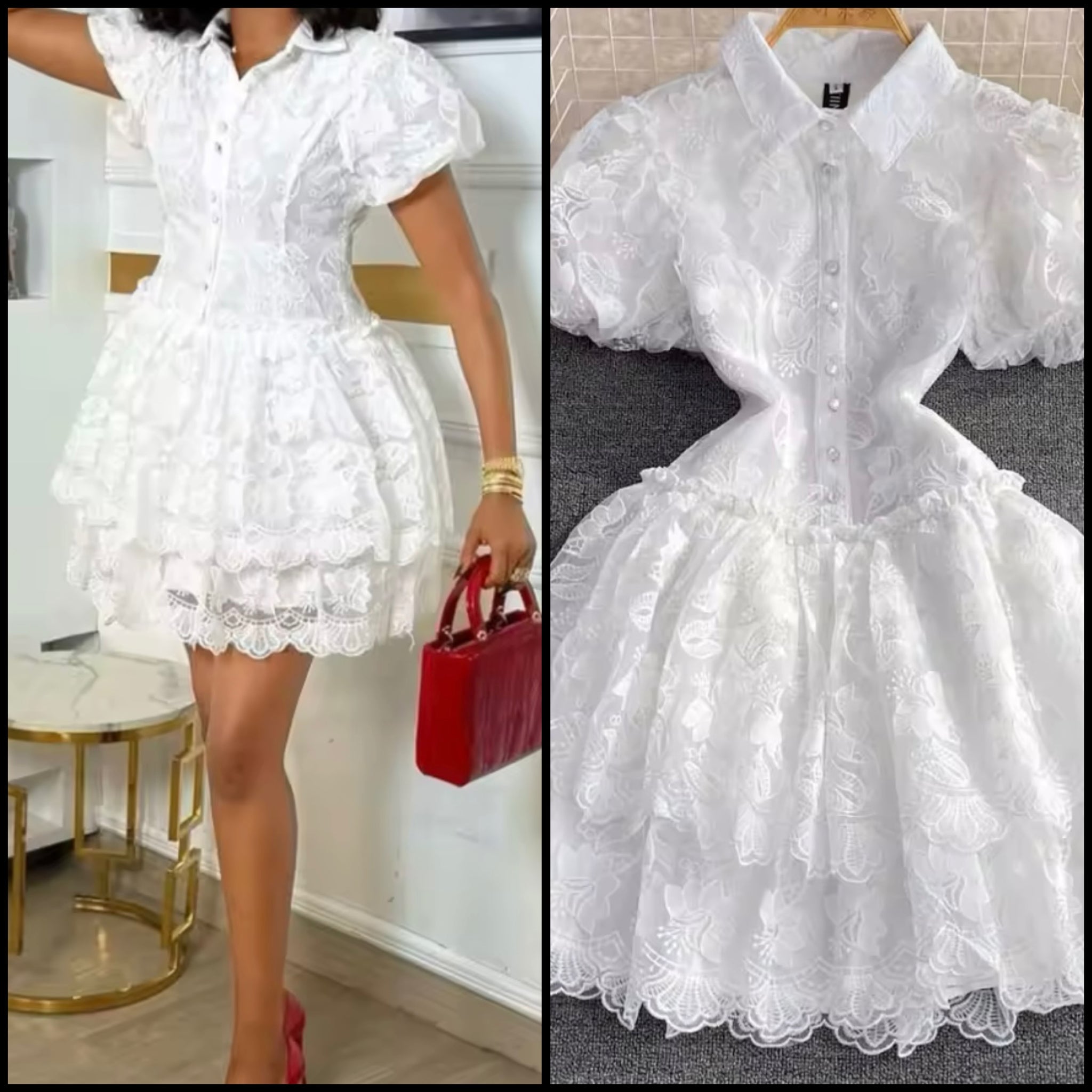Women White Sexy Short Sleeve Lace Ruffled Dress