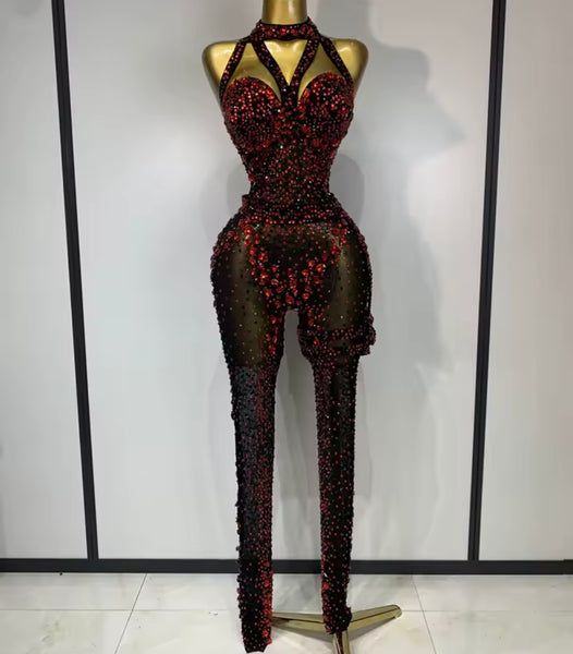 Women Black Sexy Sleeveless Red Rhinestone Mesh Jumpsuit