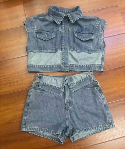 Women Fashion Denim Button Up Sleeveless Two Piece Short Set