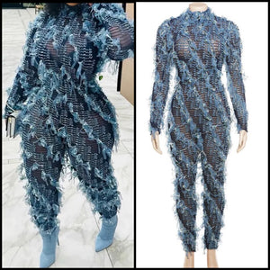 Women Sexy Fashion Full Sleeve Color Patchwork Mesh Jumpsuit