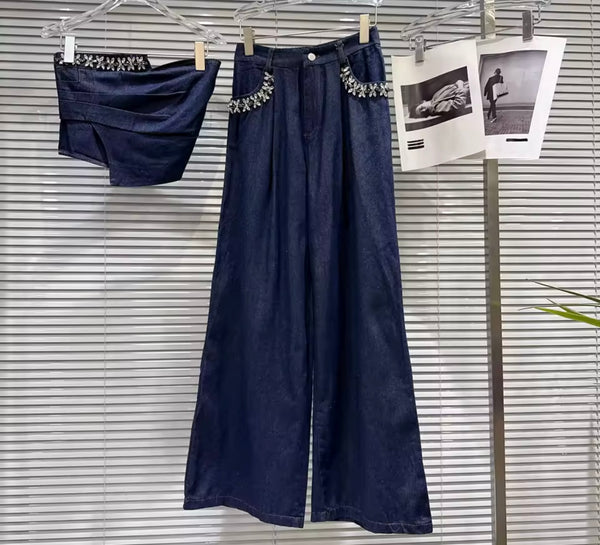 Women Strapless Rhinestone Embellishment Denim Two Piece Pant Set