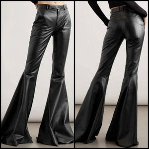 Women Fashion Black PU Wide Leg Pants