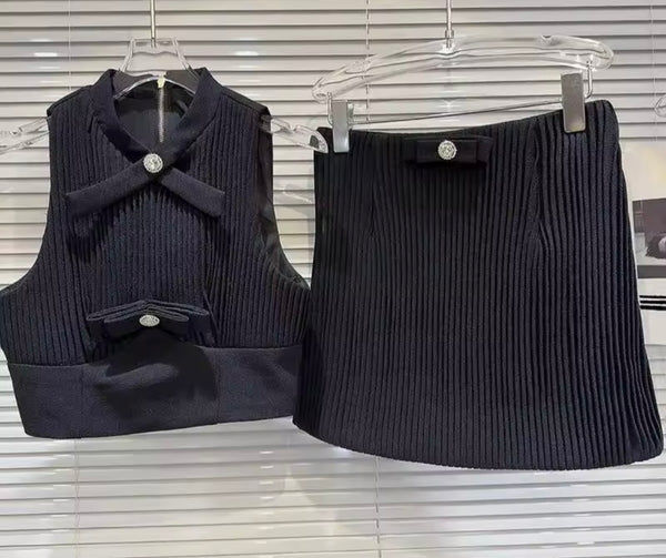 Women Bow Sleeveless Ribbed Two Piece Skirt Set