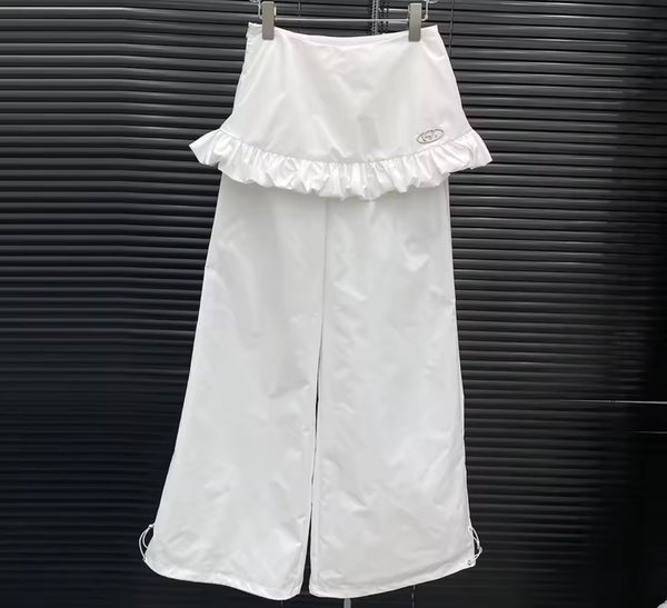 Women Fashion Zip Up Jacket Two Piece Ruffled Wrap Pant Set