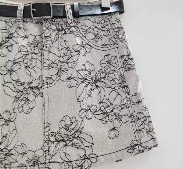 Women Fashion Gray Embroidered Floral Denim Skirt