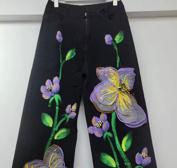 Women Fashion Purple Floral Denim Pants