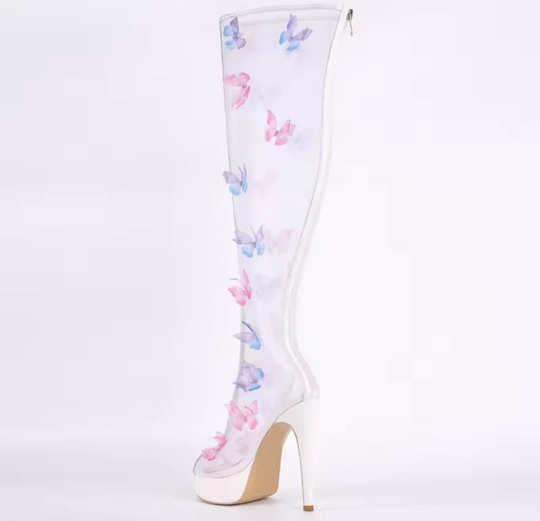 Women White Open Toe Color Butterfly Mesh Knee High Boots