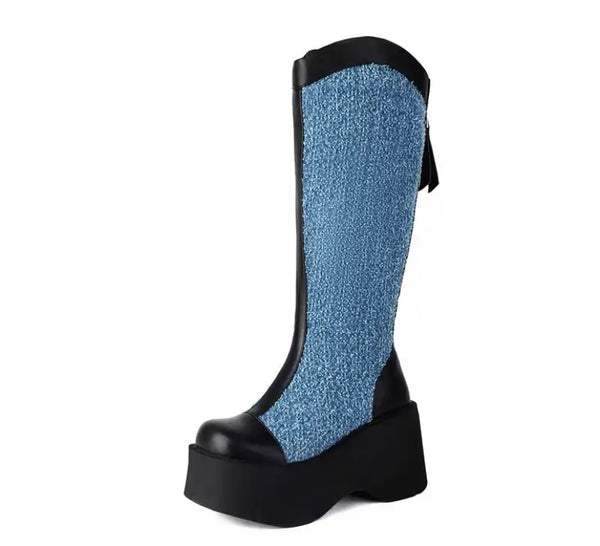 Women Fashion Denim Color Patchwork Platform Knee High Boots