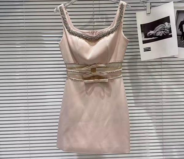 Women Pink Sleeveless Bow Mesh Patchwork Rhinestone Dress