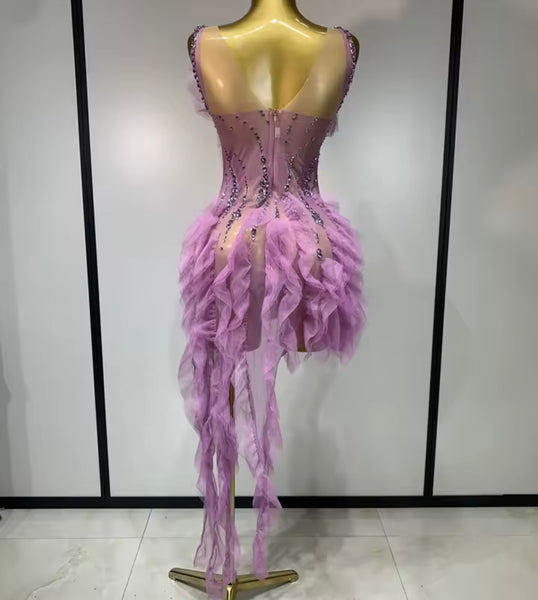Women Sexy Lavender Ruffled Bling Sleeveless Tassel Dress