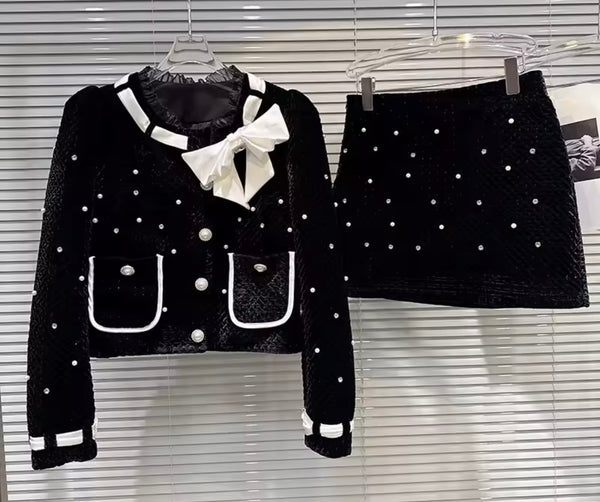 Women B&W Bow Rhinestone Button Up Blazer Two Piece Skirt Set