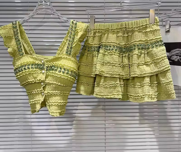 Women Sleeveless Bling Ruffled Sexy Two Piece Skirt Set