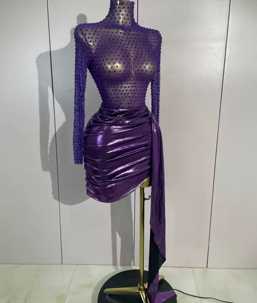 Women Sexy Purple Open Back Full Sleeve Rhinestone Dress