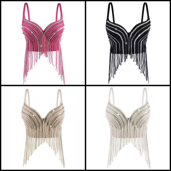 Women Fashion Sleeveless Beaded Bling Tassel Crop Top