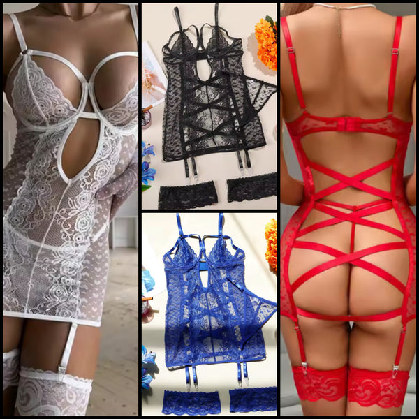 Women Sexy Sleeveless See Through Lace Open Back Lingerie Set