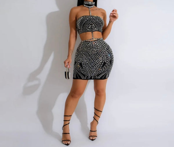 Women Sexy Choker Sleeveless Bling Mesh Two Piece Skirt Set