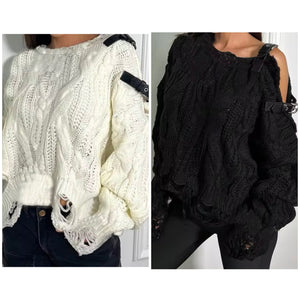 Women Fashion Ripped Buckled Full Sleeve Sweater Top