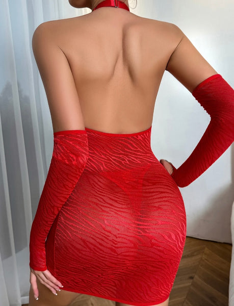Women Sexy Red Halter Chain Cut Out Glove Mesh Lingerie Set