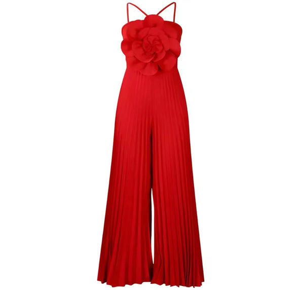 Women Sexy Sleeveless 3D Flower Pleated Jumpsuit