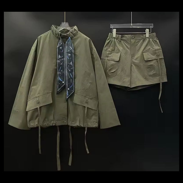 Women Fashion Green Ribbon Full Sleeve Two Piece Cargo Short Set