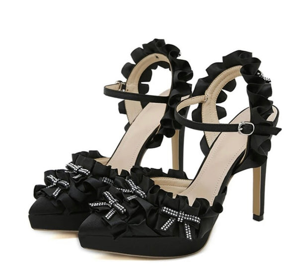 Women Fashion Ruffled Bling Bow Ankle Strap High Heels