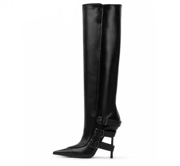 Women Black Buckled Pointed Toe Fashion Knee High Boots