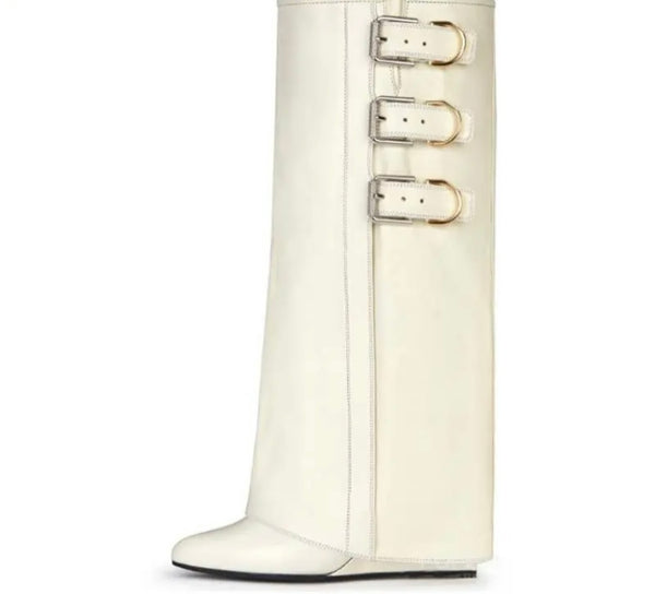 Women Fashion Faux Leather Buckled Wedge Knee High Boots