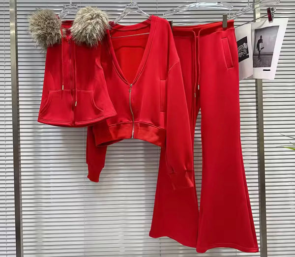Women Fashion Fur Patchwork Zip Up Three Piece Pant Set