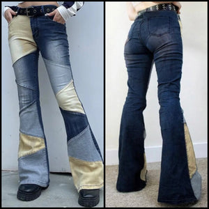 Women Fashion Color Patchwork Boot Cut Denim Pants