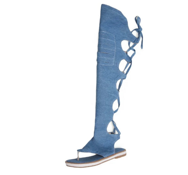 Women Fashion Open Toe Over The Knee Denim Sandals