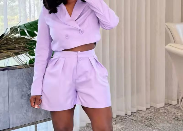 Women Color Button Up Full Sleeve Blazer Two Piece Short Set