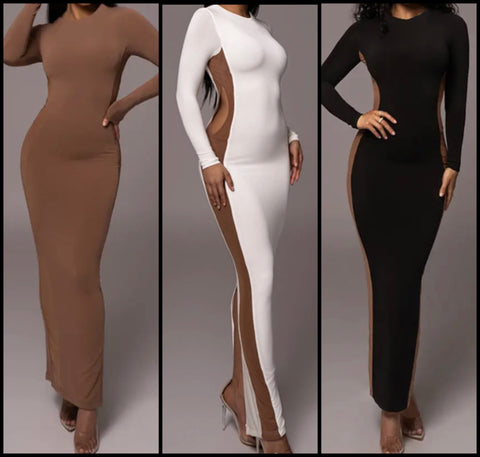 Women Sexy Mesh Patchwork Full Sleeve Maxi Dress