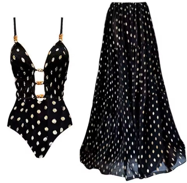 Women Black Polka Dot Sexy Swimsuit Cover Up Set