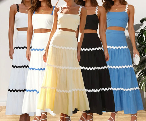 Women Sexy Sleeveless Striped Ruffled Two Piece Maxi Skirt Set